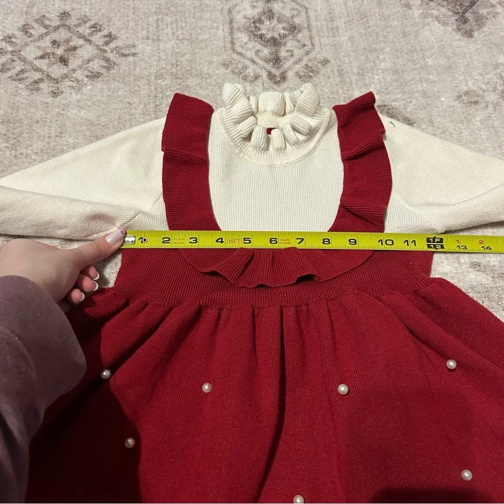 Kids Size 6Y Adorable Red + Cream Dress and Pearl‎ Accents Christmas Holiday